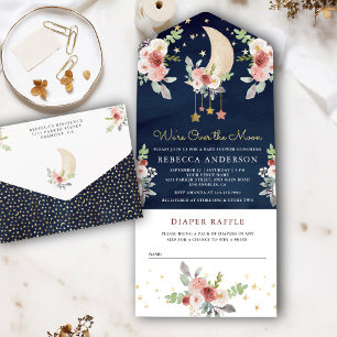 Invitation Tout En Un Boho Bourgogne Fleurs Étoiles Lune Bleu Marine Bab