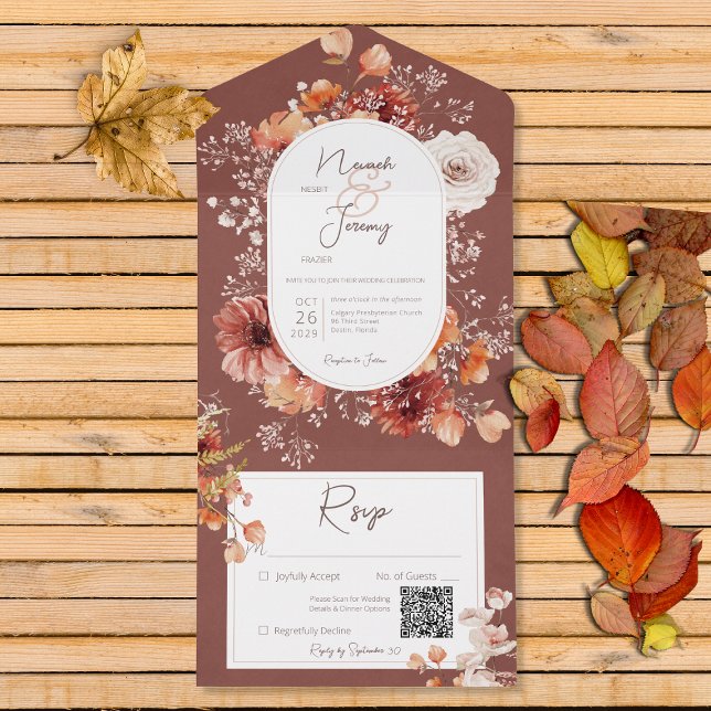 Invitation Tout En Un Boho Burange Rust Fall Floral QR Code (Créateur téléchargé)
