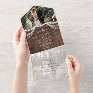 Invitation Tout En Un Boho Chic Bois Chic Chaîne Lumières Photo RSVP Mar