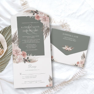 Invitation Tout En Un Boho Chic Pampas Grass Sage Vert Floral Mariage