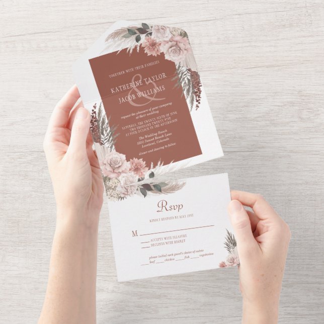 Invitation Tout En Un Boho Chic Pampas Grass Terracotta Floral Mariage (Déchirure)