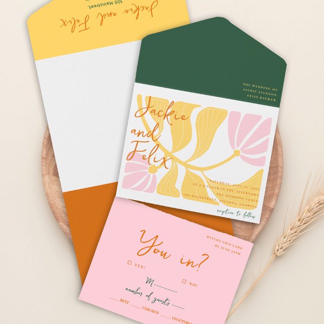 Invitation Tout En Un Boho Chic Retro Bright Floral Coloral Mariage (Boho Chic Retro Bright Floral Colorful Wedding All In One Invitation)