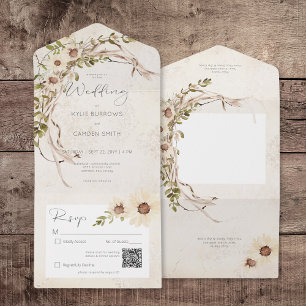 Invitation Tout En Un Boho Cream Daisies & séché Grass QR Code