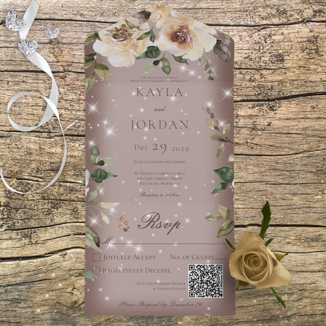 Invitation Tout En Un Boho Cream Roses Sparkle Brown QR Code (Créateur téléchargé)