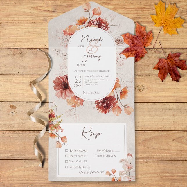 Invitation Tout En Un Boho Crème désossée Automne Floral Trois Dîners (Boho Distressed Cream Fall Floral Three Dinner All In One Invitation)
