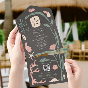 Invitation Tout En Un Boho Dark Beach Seashell Mariage QR RSVP
