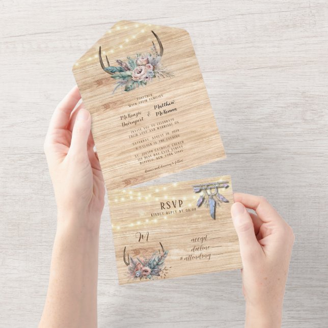 Invitation Tout En Un Boho Deer Antler Floral Mariage (Déchirure)