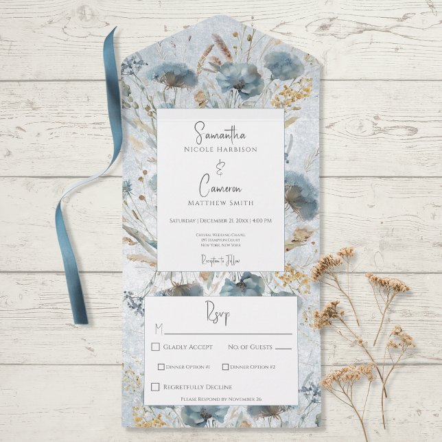 Invitation Tout En Un Boho Dusty Blue & Brown Floral Monogram Dîner (Créateur téléchargé)