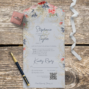 Invitation Tout En Un Boho Dusty Blue & Rose Floral Blue QR Code
