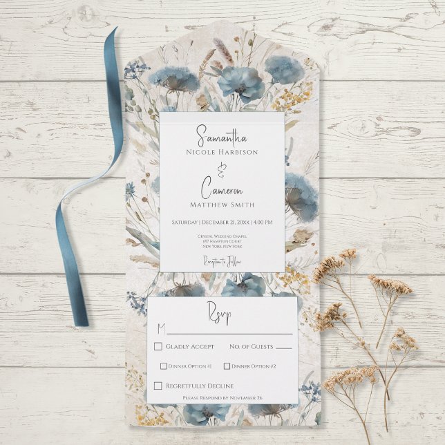 Invitation Tout En Un Boho Dusty Blue & Tan Floral Monogram Diner (Créateur téléchargé)