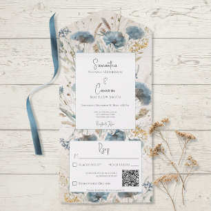 Invitation Tout En Un Boho Dusty Blue & Tan Floral Monogramme QR Code