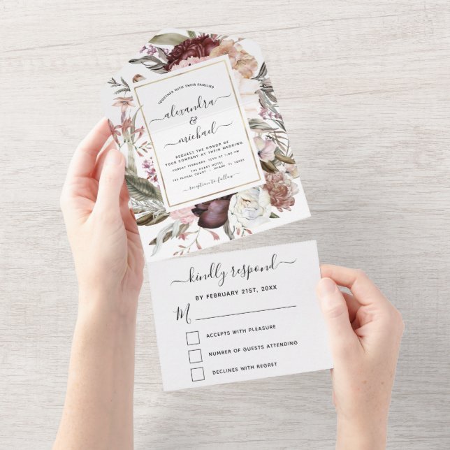 Invitation Tout En Un Boho Dusty Pink Burgundy Wedding RSVP (Déchirure)