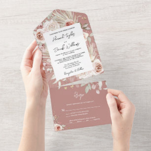 Invitation Tout En Un Boho Dusty Rose Floral rustique avec Mariage RSVP