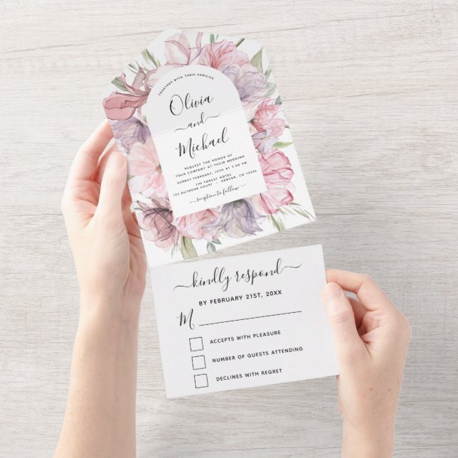 Invitation Tout En Un Boho Dusty rose violet Mariage romantique RSVP (Déchirure)