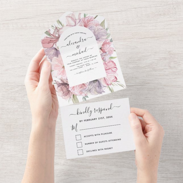 Invitation Tout En Un Boho Dusty rose violet mariage RSVP (Déchirure)