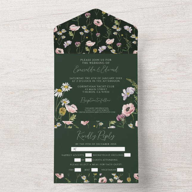 Invitation Tout En Un Boho Emerald Green Fleur sauvage Mariage botanique (À l'intérieur)