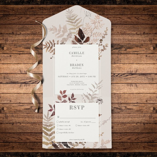 Invitation Tout En Un Boho Fall Brown Botanique Mariage Dîner (Modern Autumn Brown Ferns & Leaves Dinner All In One Invitation)
