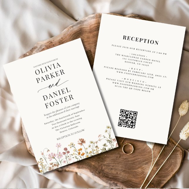 Invitation Tout en un Boho Fleur sauvage QR Code Mariage (Créateur téléchargé)