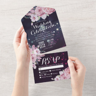Invitation Tout En Un Boho Fleurs Plumes Violet Parkle Mariage RSVP