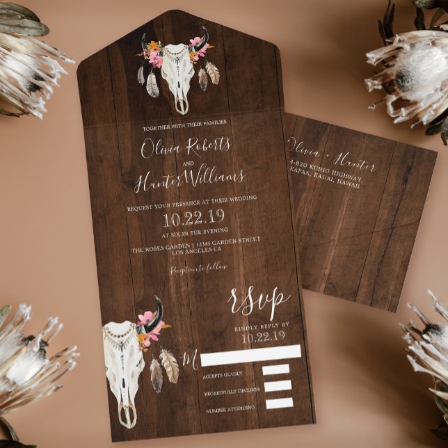 Invitation Tout En Un Boho Floral Antlers Crâne Mariage en bois foncé (Créateur téléchargé)