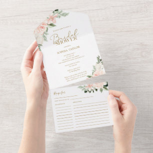 Invitation Tout En Un Boho Floral Blush Rose Sage Fête des mariées verte
