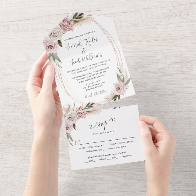 Invitation Tout En Un Boho Floral Pampas Grass Mariage avec RSVP (Déchirure)
