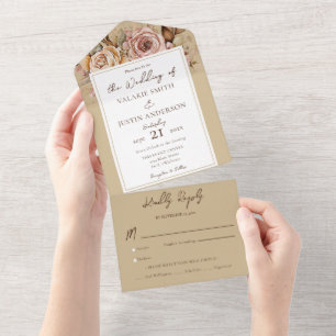 Invitation Tout En Un Boho Floral rose Mariage beige