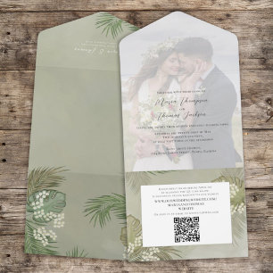 Invitation Tout En Un Boho Foliage Palm Tropical Feuille Photo QR Code