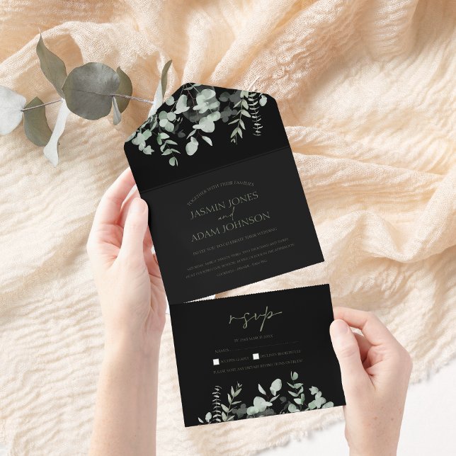 Invitation Tout En Un Boho Green Black Eucalyptus Mariage (Créateur téléchargé)