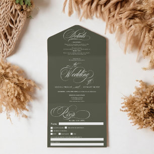 Invitation Tout En Un Boho green élégant script calligraphie mariage