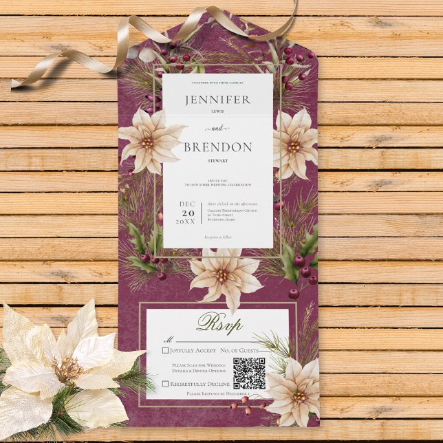 Invitation Tout En Un Boho Hiver Végétation Boughs Bourgogne Pas de dîne (Also available with a QR code or with dinner selection options.)