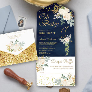 Invitation Tout En Un Boho Ivoire Floral Or Lune Bleu Marine Baby Shower