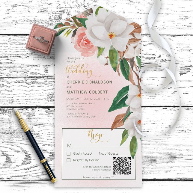 Invitation Tout En Un Boho Magnolia Floral & Coton rose QR Code (Créateur téléchargé)