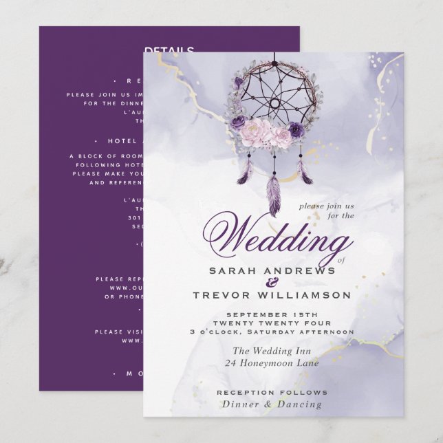 Invitation Tout en un BOHO Mariage violet Dream Catcher (Devant / Derrière)