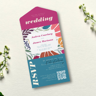 Invitation Tout En Un Boho moderne Chic Retro Mariage coloré