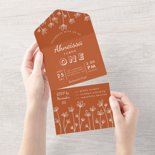 Invitation Tout En Un Boho moderne Fleur sauvage Terracotta Premier Anni (Déchirure)