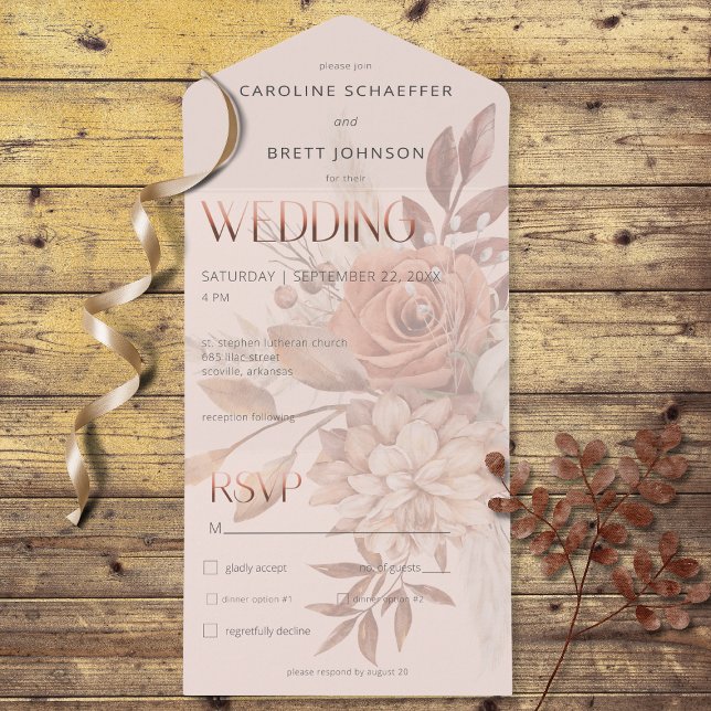 Invitation Tout En Un Boho Neutral Soft Automne Bouquet Dîner Blush (Also available with a QR code or without dinner selection options.)