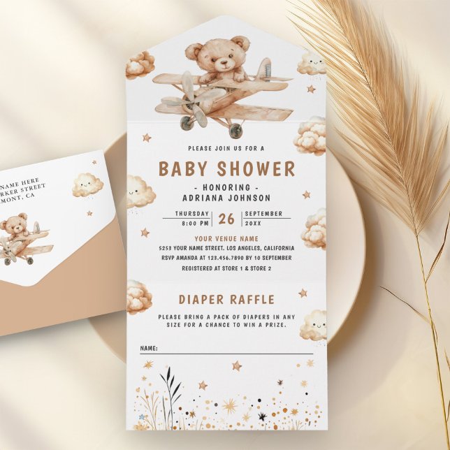 Invitation Tout En Un Boho Neutral Teddy Bear Baby shower d'avion (Créateur téléchargé)