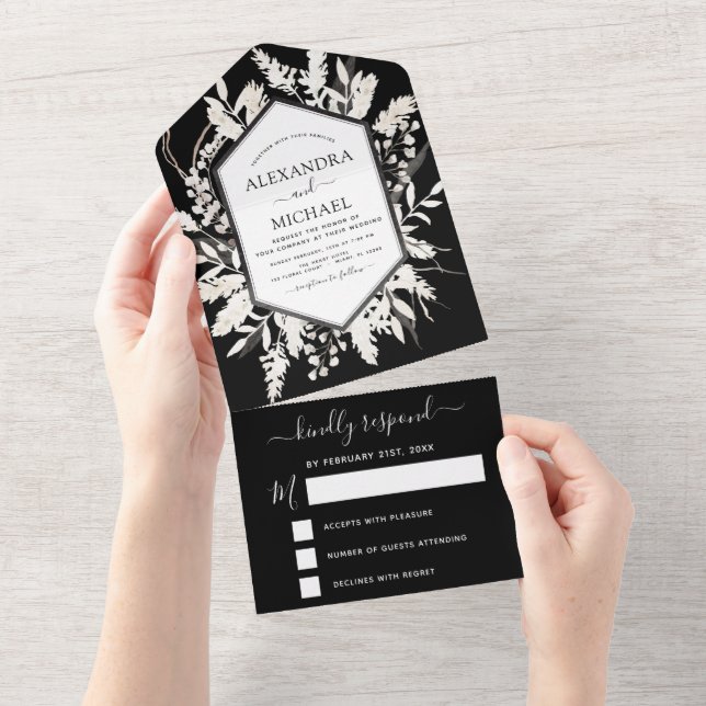 Invitation Tout En Un Boho Noir Blanc Beige Botanique Mariage RSVP (Déchirure)