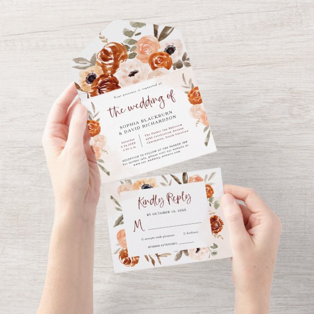 Invitation Tout En Un Boho orange rustique | Mariage blanc aquarelle (Déchirure)