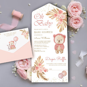 Invitation Tout En Un Boho Pampas Floral Pink Teddy Bear Baby shower