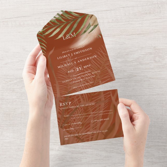 Invitation Tout En Un BOHO Pampas Grass Beige Vert Mariage en terre cuit (Déchirure)