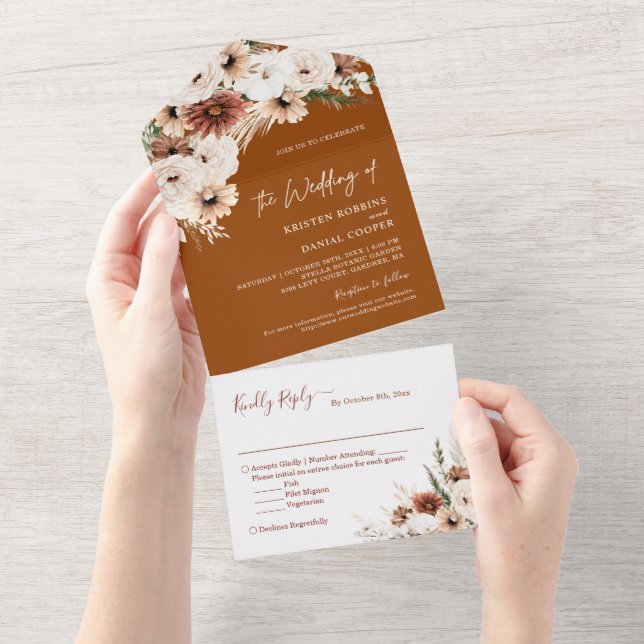 Invitation Tout En Un Boho Pampas Grass Floral Terracotta Mariage d'auto (Déchirure)