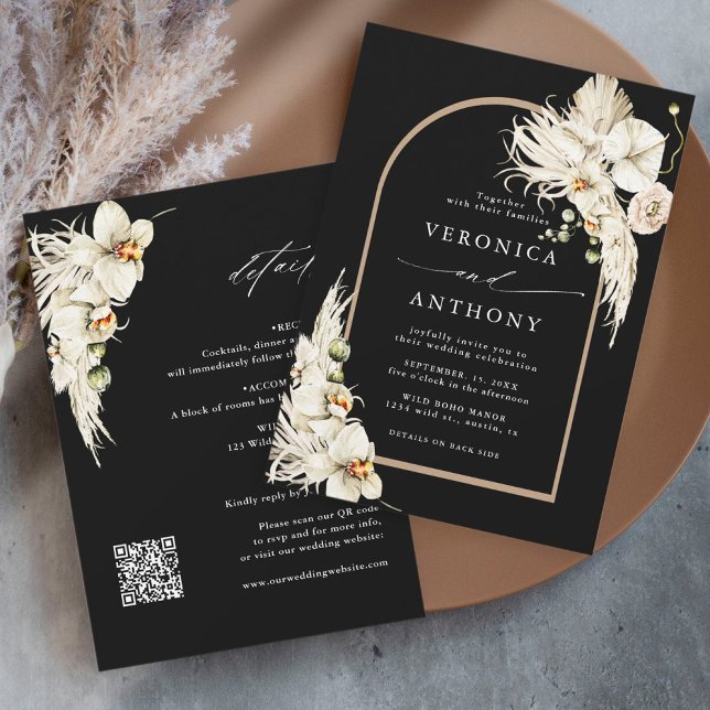 Invitation Tout en un Boho Pampas Grass Orchid Mariage noir (Créateur téléchargé)