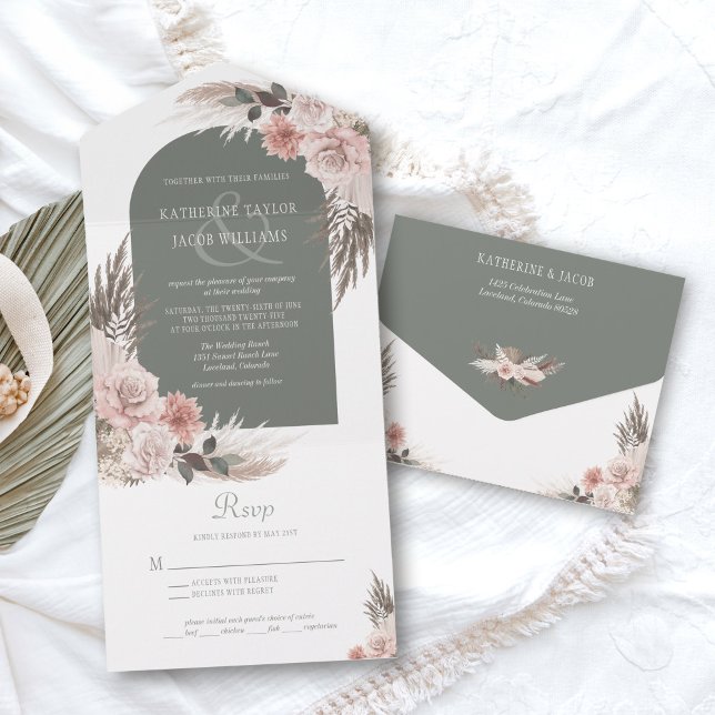 Invitation Tout En Un Boho Pampas Grass Sage Vert Floral Mariage (boho pampas grass wedding invitation)
