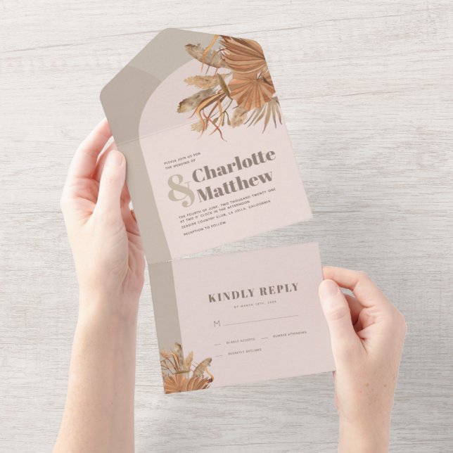 Invitation Tout En Un Boho Pampas Mariage rose pâle (Déchirure)