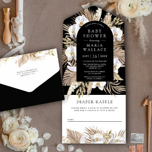 Invitation Tout En Un Boho Pampas Orchidée blanche Baby shower noir