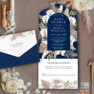 Invitation Tout En Un Boho Pampas Orchidée Blanche Bleu Marine Baby Show
