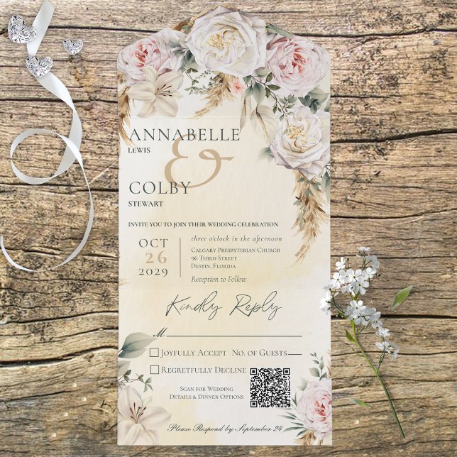 Invitation Tout En Un Boho Pampas & Roses roses rose Code QR jaune (Créateur téléchargé)