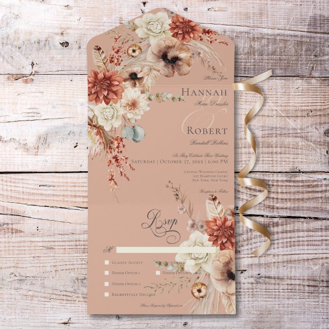 Invitation Tout En Un Boho Peach & Rust Floral & Feather Peach Diner (Boho Peach & Rust Floral & Feather Peach Dinner All In One Invitation)